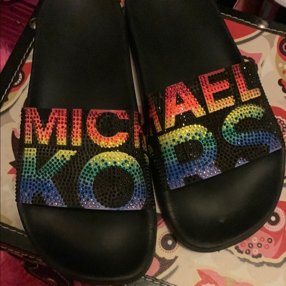 Michael Kors Black Slides with Multicolor Logo
